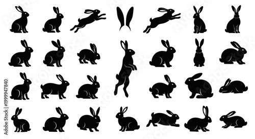 Collection of black rabbit silhouettes in various poses and positions.