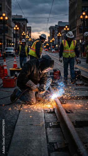 Welder working on light rail track in urban setting during evening  