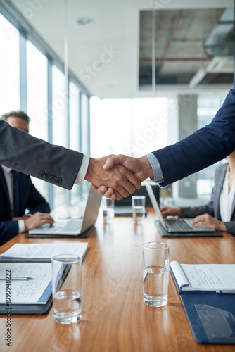 Business people shaking hands in modern office during meeting  