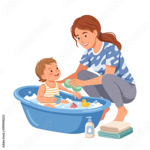 adult assisting a small child during bath time using tub