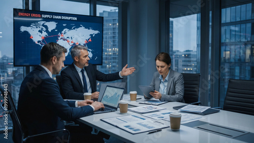 Business team discussing energy crisis and oil supply disruptions  