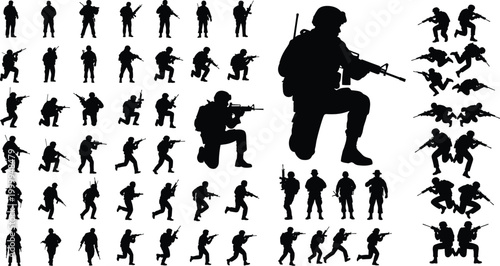 Military Soldiers Silhouettes Set with Tactical Combat Poses Running Aiming and Kneeling Armed Forces Figures Isolated on Light Background Illustration