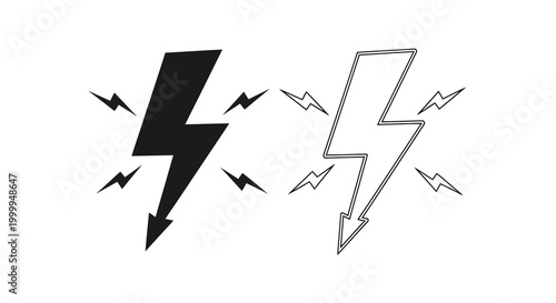 Lightning bolt icons black and white line art on white background