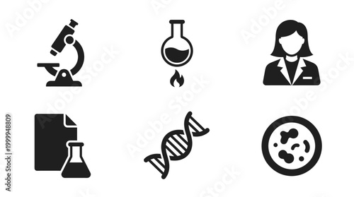 Professional science and biology research icon set featuring microscopes laboratory flasks DNA helix strands female scientists and petri dish bacterial cultures