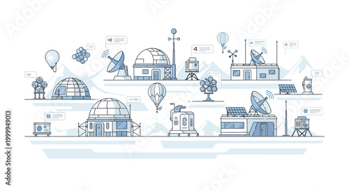 Illustration of a futuristic space exploration scene with various buildings, satellites, and spacecraft in a blue and white color scheme against a white background.