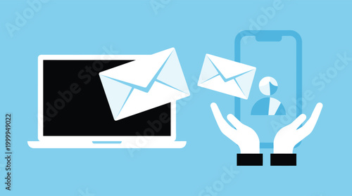 Abstract Illustration Of Digital Communication Showing Envelopes Flying From A Laptop Toward A Smartphone Being Held By Two Human Hands Gently.