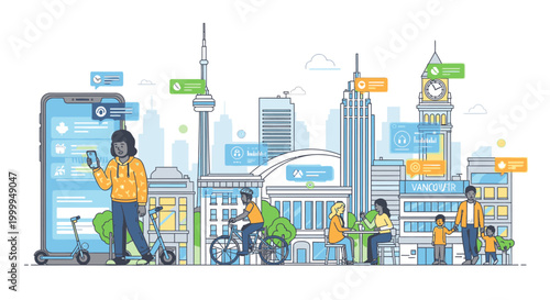 Illustration of people engaging in various urban activities with a cityscape in the background with a mix of digital elements and transportation with a modern and vibrant mood.