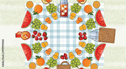 Picnic table, fruit spread, outdoor feast, vector illustration