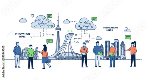 Illustration of a Canadian industrial scene with machinery, wind turbines, and a factory emitting smoke, featuring a red maple leaf and a map of Canada.