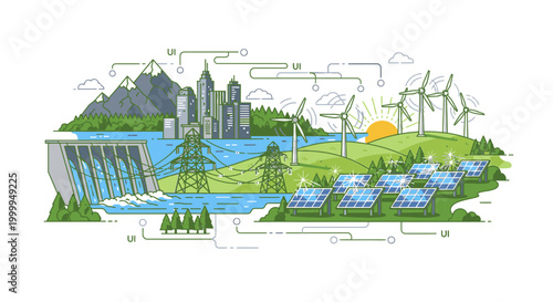 Illustration of renewable energy sources including solar panels and wind turbines with a dam and cityscape in the background on a sunny day with green landscape.