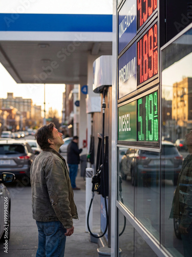 Man looking at fuel prices on display board at gas station  