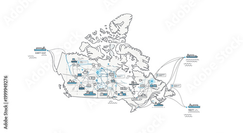 Detailed illustration of a map with various blue and black markings and labels on a white background.