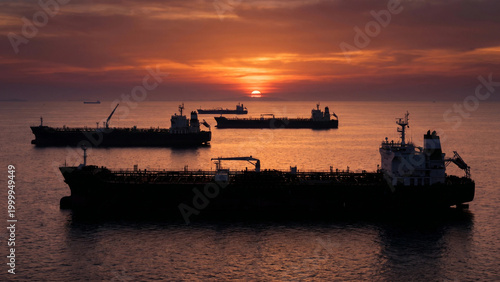 Silhouettes of tankers at sunset on tranquil waters  