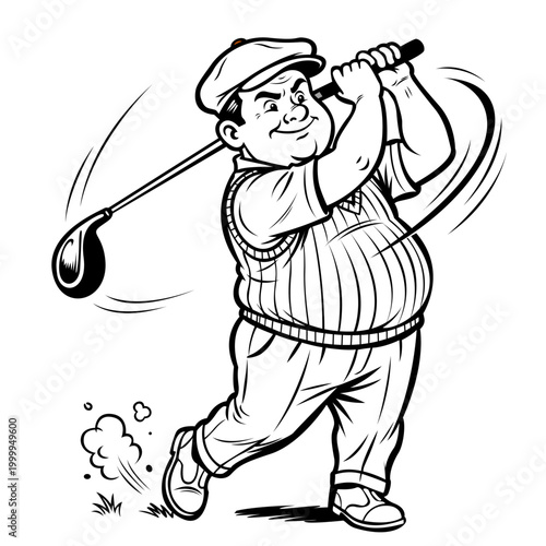 illustration male Golfer swinging golf, Retro Illustration