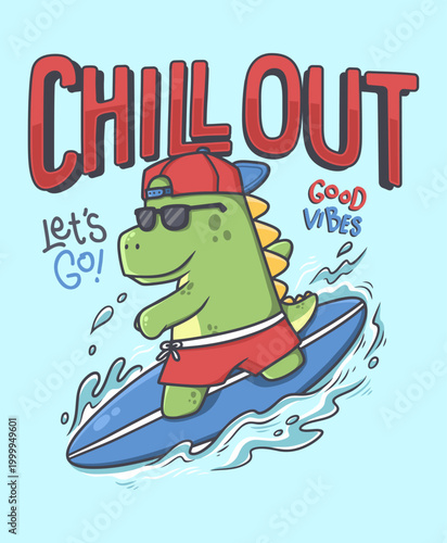 Dinosaur Surfing illustration hand drawn vector for print on t-shirt and other uses