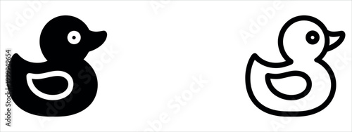 Black and white rubber duck icons on a white background, simple graphic design.