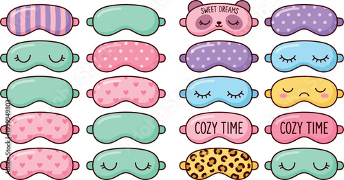 Colorful vector collection of cute sleep masks with various patterns, animal faces, and cozy text for relaxation.