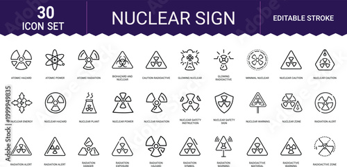 Nuclear sign icon set with atomic hazard radiation alert and caution radioactive symbols.