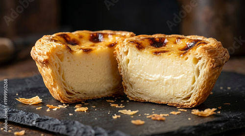 A professional side-view product photograph of a Macao-style egg tart cut in half. The image highlights the extreme contrast between the dense, creamy, pale-yellow custard and the airy, multi-layered 