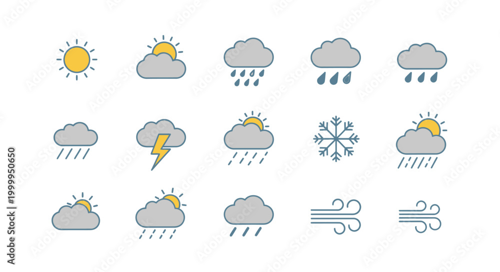 Obraz premium Weather Icons Set: Sun, Clouds, Rain, Snow, Lightning, Wind - Forecast Symbols
