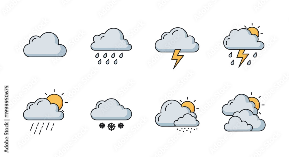 Obraz premium Weather Icons Set: Sun, Rain, Snow, Thunderstorm, Cloudy