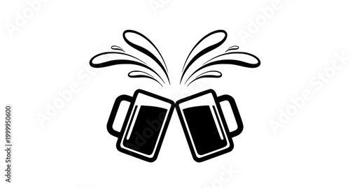 Vector illustration of two solid black beer mugs clinking with stylized splashes white background clinking celebration beverage refreshment isolated