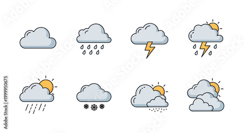 Weather Icons Set: Sun, Rain, Snow, Thunderstorm, Cloudy