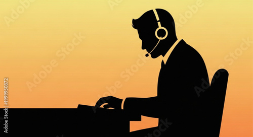 Silhouette of a Customer Service Representative Working at a Desk.