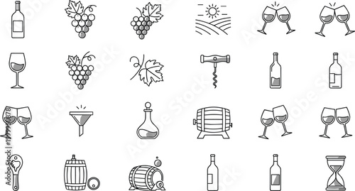 Wine and Vineyard Production Icons Set Featuring Grapes, Bottles, Glasses, Barrels, and Corks for Winery and Tasting Designs