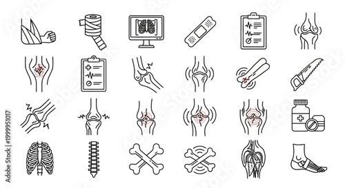 Orthopedics Line Icon Set with Bone and Joint Disease Elements