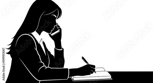 Silhouette of a focused businesswoman taking notes while on a phone call.