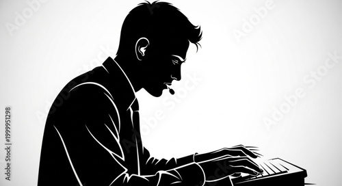 Silhouette of a Focused Man Typing on a Laptop.