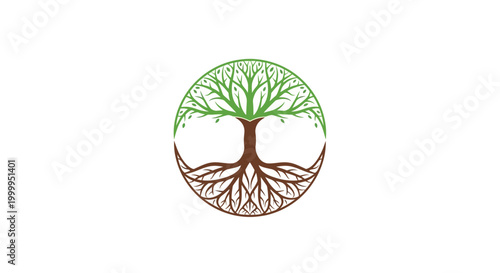 Circular Tree of Life Symbol with Roots and Branches, Green and Brown
