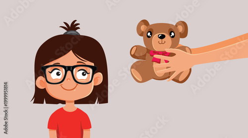 Happy Little Girl Receiving a Teddy Bear Vector Illustration.Cheerful adorable kid receiving a heartwarming gift 