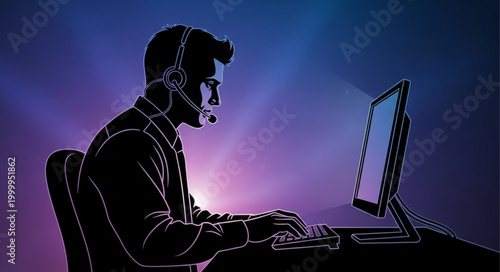Silhouette of a Gamer Immersed in a Computer Game.