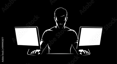 Silhouette of a Hacker Working on Multiple Computers in the Dark.