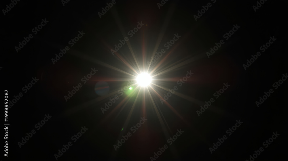 Fototapeta premium Bright starburst lens flare with subtle colorful artifacts and dramatic contrast