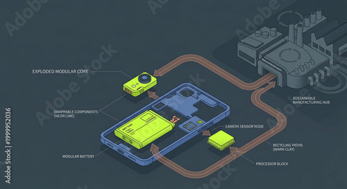 Circular economy hardware lifecycle and modular electronics flat illustration featuring repairable device components and sustainable industrial manufacturing recycling system