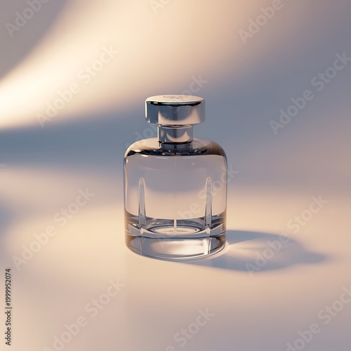 A single, clear glass perfume bottle with a polished silver cap sits on a neutral surface, illuminated by soft, warm light creating gentle shadows and a minimalist aesthetic