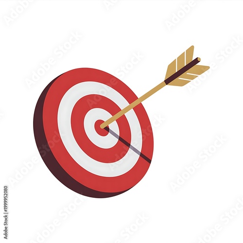 A stylized red and white circular target board with concentric rings is depicted with a golden arrow precisely striking the central bullseye, set against a clean white background with subtle