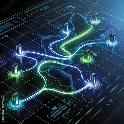 Abstract Futuristic Network Map with Glowing Blue and Green Lines Connecting Charging Stations on a Grid Overlay