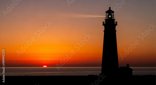 Silhouette of a Lighthouse Against a Vibrant Sunset Sky Over the Ocean.