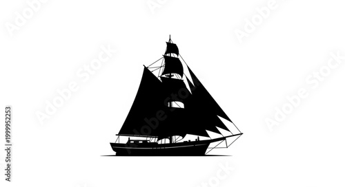 Silhouette of a majestic sailing ship against a stark white background.