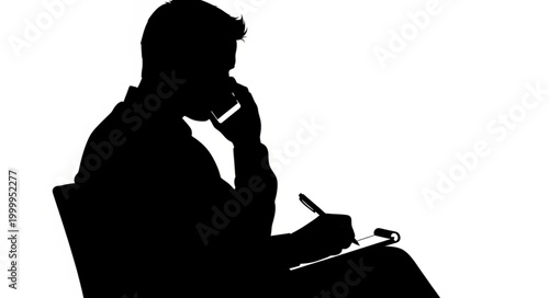 Silhouette of a Man Deep in Thought, Writing and Talking on the Phone.