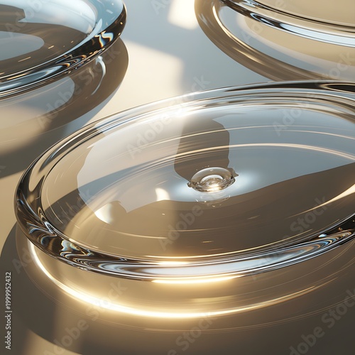 Close-up of Three Ovals of Clear Glass or Crystal with Smooth Curved Edges Reflecting Warm Golden Light and Subtle Rainbow Hues Creating a and Abstract Texture with a Shallow Depth of Field