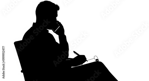 Silhouette of a man in deep thought, holding a pen and talking on the phone.