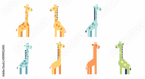 Colorful giraffe toys in row.