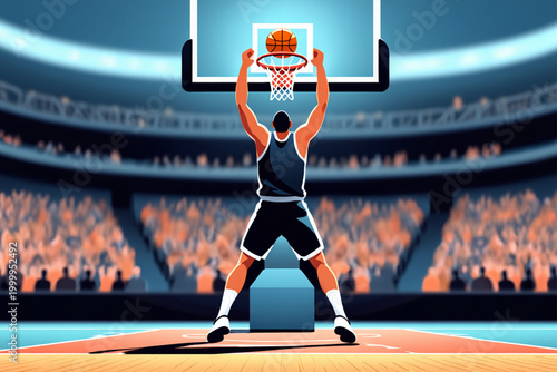 Basketball player dunking in an indoor arena