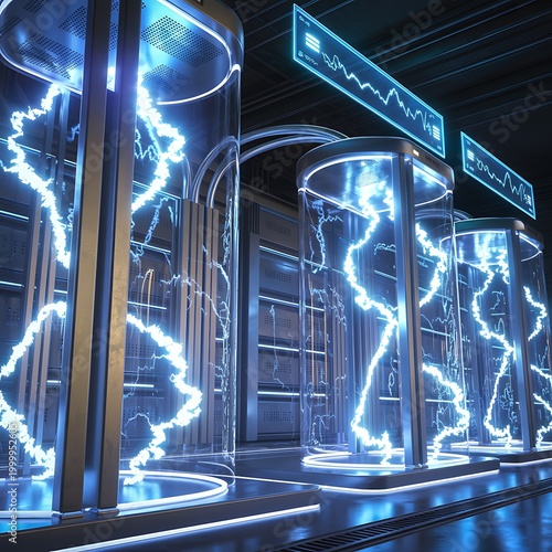 Futuristic Data Center with Cylindrical Servers Generating Bright Blue Lightning and Digital Waveform Showing Energy Flow and Advanced Computing Power