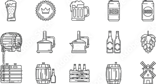 Beer Brewing and Beverage Icons Set Featuring Bottles, Barrels, Glasses, and Hops for Brewery and Alcohol Industry Designs